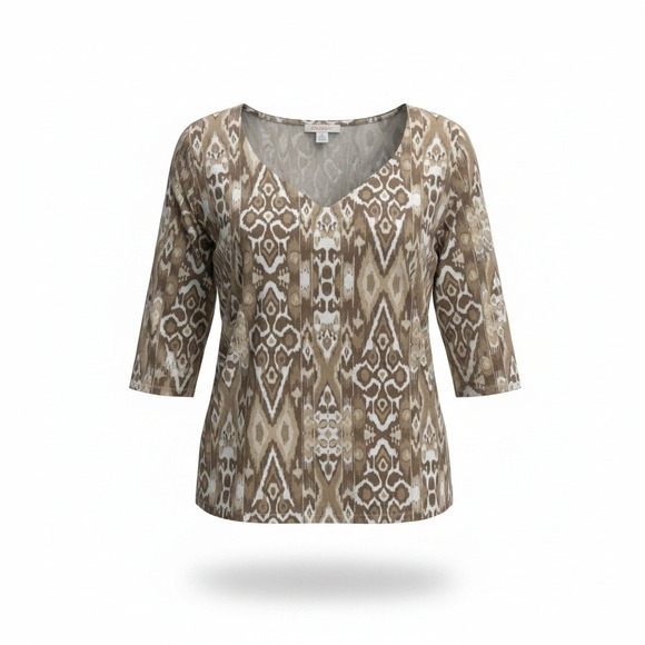 Ruby Rd. Tops - Ruby Rd Woman Blouse Women's 2X Brown Tan Geometric Beaded V Neck 3/4 Sleeve